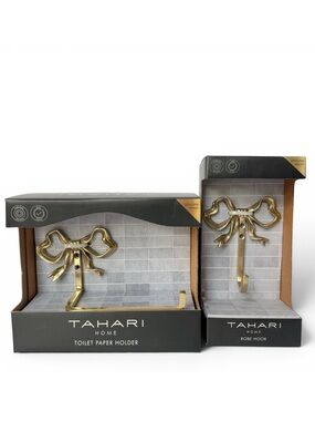 TAHARI Brass Ribbon Bow Bathroom Toilet Paper Roll Holder Wall Mount & Hook NEW
